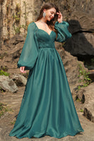 Load image into Gallery viewer, A Line Sweetheart Dark Green Plus Size Prom Dress with Long Sleeves