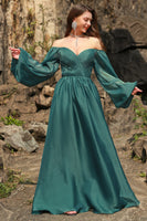 Load image into Gallery viewer, A Line Sweetheart Dark Green Plus Size Prom Dress with Long Sleeves