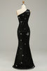 Load image into Gallery viewer, Sheath One Shoulder Black Sequins Long Prom Dress with Silt