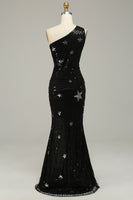 Load image into Gallery viewer, Sheath One Shoulder Black Sequins Long Prom Dress with Silt