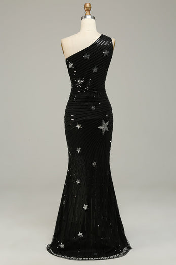 Sheath One Shoulder Black Sequins Long Prom Dress with Silt
