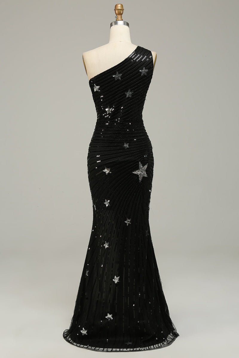 Load image into Gallery viewer, Sheath One Shoulder Black Sequins Long Prom Dress with Silt
