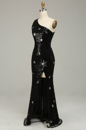Sheath One Shoulder Black Sequins Long Prom Dress with Silt