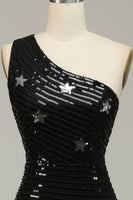 Load image into Gallery viewer, Sheath One Shoulder Black Sequins Long Prom Dress with Silt