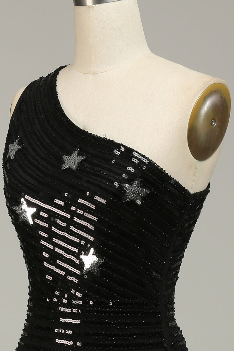 Load image into Gallery viewer, Sheath One Shoulder Black Sequins Long Prom Dress with Silt