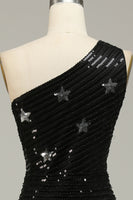 Load image into Gallery viewer, Sheath One Shoulder Black Sequins Long Prom Dress with Silt