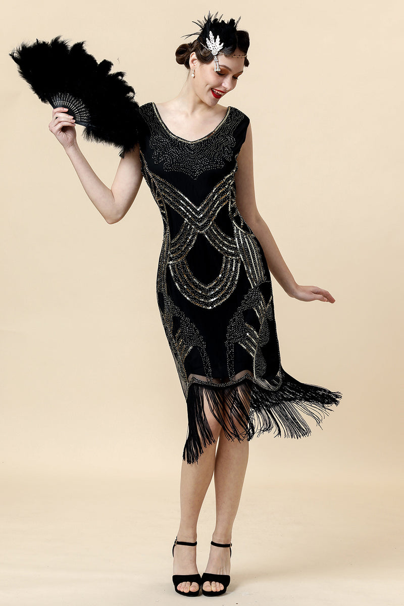 Load image into Gallery viewer, Sheath V Neck Black Sequined Fringe 1920s Dress