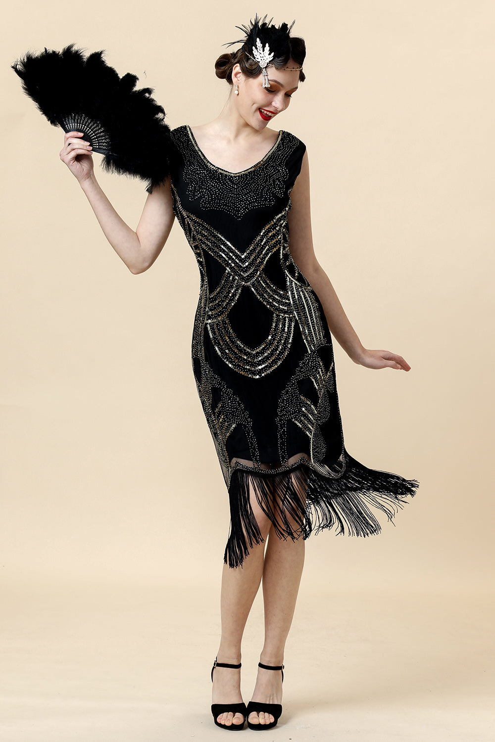 Sheath V Neck Black Sequined Fringe 1920s Dress