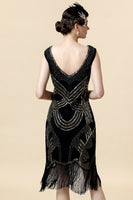 Load image into Gallery viewer, Sheath V Neck Black Sequined Fringe 1920s Dress