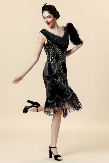 Sheath V Neck Black Sequined Fringe 1920s Dress