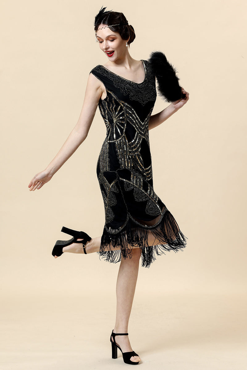 Load image into Gallery viewer, Sheath V Neck Black Sequined Fringe 1920s Dress