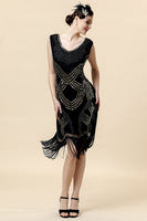 Load image into Gallery viewer, Sheath V Neck Black Sequined Fringe 1920s Dress