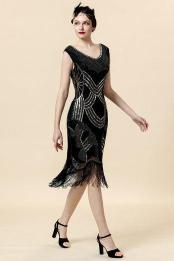 Sheath V Neck Black Sequined Fringe 1920s Dress