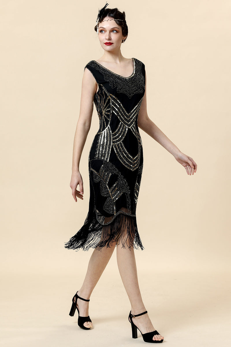 Load image into Gallery viewer, Sheath V Neck Black Sequined Fringe 1920s Dress