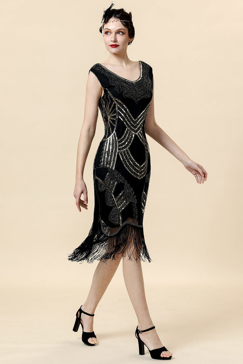 Load image into Gallery viewer, Sheath V Neck Black Sequined Fringe 1920s Dress