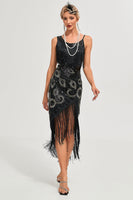 Load image into Gallery viewer, Queendancer Women Sparkly Roaring 20s Great Gatsby Dress Black Gatsby Fringed Flapper Dress Spaghetti Straps 1920s Dress
