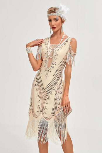 Black Cold Shoulder Sequins Fringes 1920s Gatsby Dress