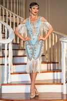 Load image into Gallery viewer, Green Sheath Cold Shoulder Sequins 1920s Great Gatsby Dress with Tassels