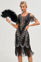 Load image into Gallery viewer, Black Cold Shoulder Sheath Sequins Fringes 1920s Gatsby Dress