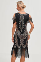 Load image into Gallery viewer, Black Cold Shoulder Sheath Sequins Fringes 1920s Gatsby Dress