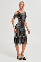 Load image into Gallery viewer, Black Cold Shoulder Sheath Sequins Fringes 1920s Gatsby Dress
