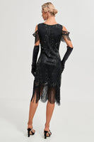 Load image into Gallery viewer, Black Cold Shoulder Sheath Sequins Fringes 1920s Gatsby Dress