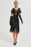 Load image into Gallery viewer, Black Cold Shoulder Sheath Sequins Fringes 1920s Gatsby Dress