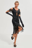 Load image into Gallery viewer, Black Cold Shoulder Sheath Sequins Fringes 1920s Gatsby Dress