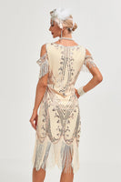 Load image into Gallery viewer, Black Cold Shoulder Sheath Sequins Fringes 1920s Gatsby Dress