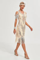Load image into Gallery viewer, Black Cold Shoulder Sheath Sequins Fringes 1920s Gatsby Dress