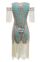 Load image into Gallery viewer, Green Sheath Cold Shoulder Sequins 1920s Dress With Tassels