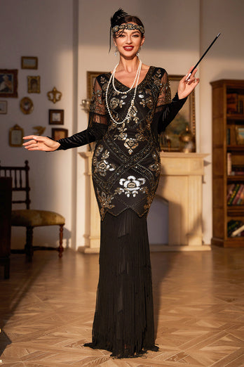 Queendancer Women Black 1920s Flapper Dress V Neck Long Sleeves Vintage Dress With Fringes