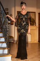 Load image into Gallery viewer, Sheath V Neck Black Sequins Long 1920s Flapper Dress with Fringes