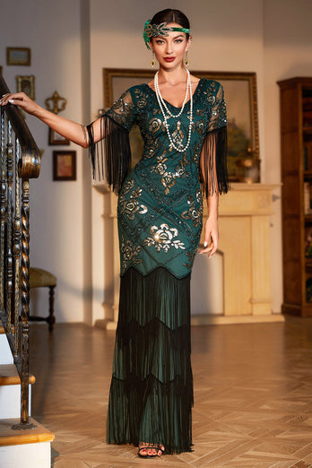 Queendancer Women Dark Green 1920s Flapper Dress V Neck Long Sleeves Vintage Dress With Fringes