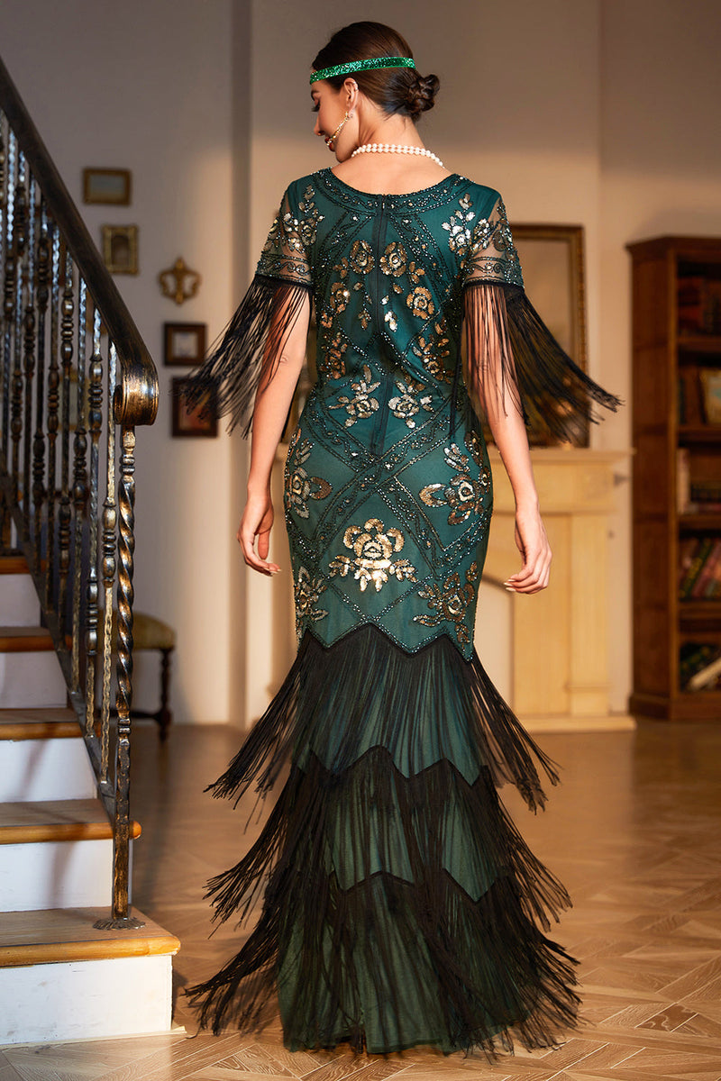 Load image into Gallery viewer, Sheath V Neck Black Sequins Long 1920s Flapper Dress with Fringes