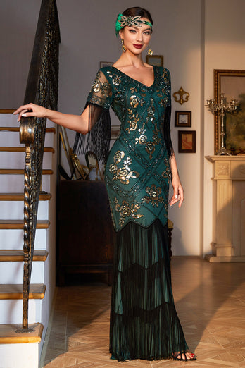 Sheath V Neck Black Sequins Long 1920s Flapper Dress with Fringes