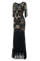 Load image into Gallery viewer, V Neck Black Long 1920s Flapper Dress with Sequins and Fringes