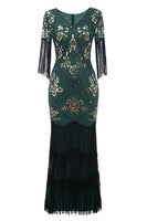 Load image into Gallery viewer, Queendancer Women Sparkly Roaring 20s Dark Green 1920s Flapper Dress V Neck Long Sleeves Vintage Dress With Fringes