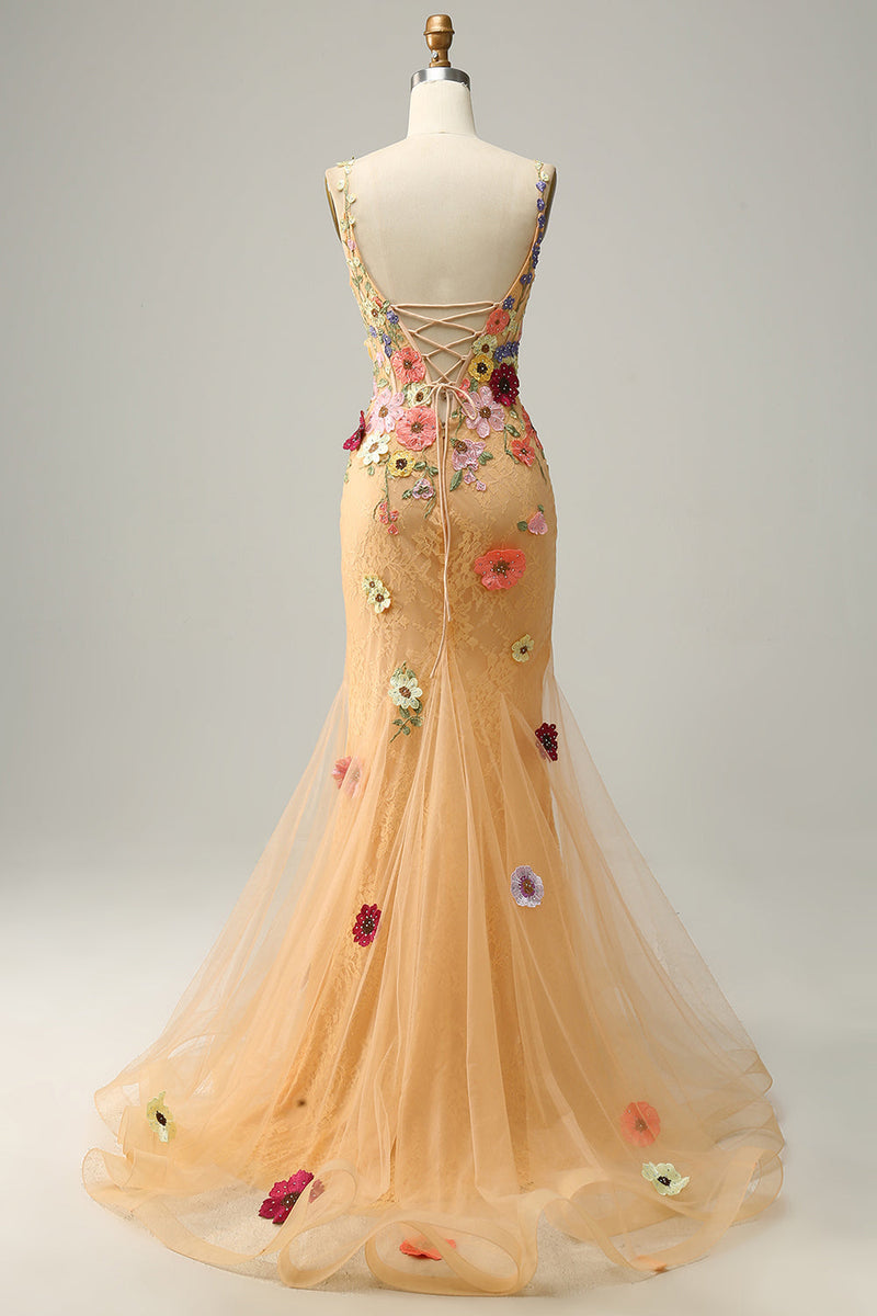 Load image into Gallery viewer, Mermaid Deep V Neck Champagne Long Prom Dress with Appliques