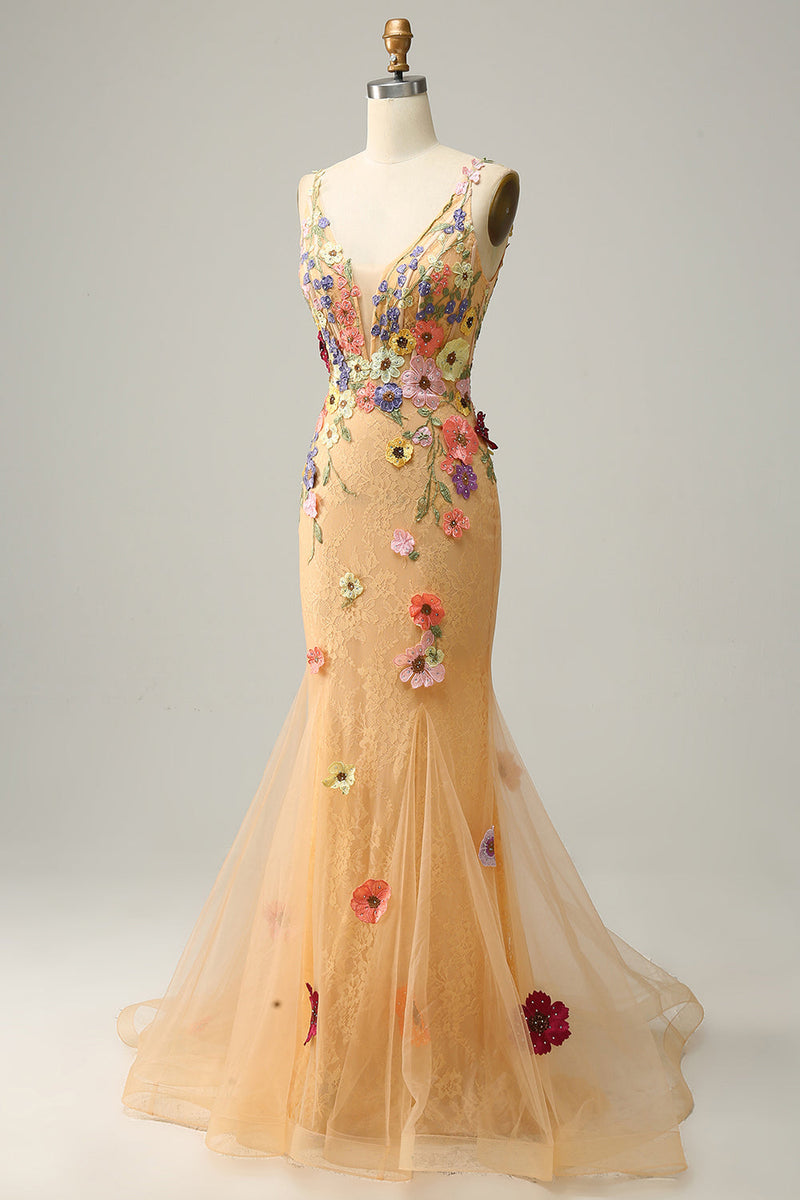 Load image into Gallery viewer, Mermaid Deep V Neck Champagne Long Prom Dress with Appliques