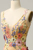 Load image into Gallery viewer, Mermaid Deep V Neck Champagne Long Prom Dress with Appliques