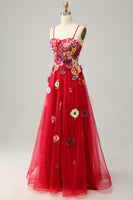 Load image into Gallery viewer, A Line Spaghetti Straps Burgundy Long Prom Dress with Appliques