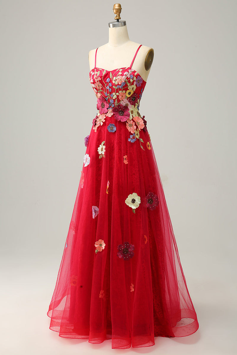 Load image into Gallery viewer, A Line Spaghetti Straps Burgundy Long Prom Dress with Appliques