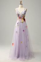 Load image into Gallery viewer, A Line Deep V Neck Lavender Long Prom Dress with Appliques