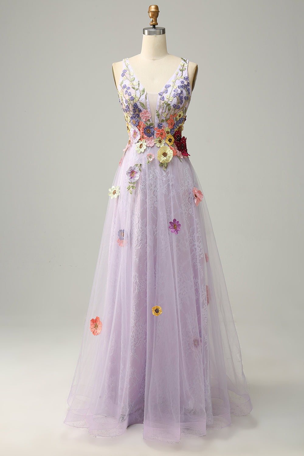 A Line Deep V Neck Lavender Long Prom Dress with Appliques