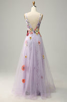 Load image into Gallery viewer, A Line Deep V Neck Lavender Long Prom Dress with Appliques