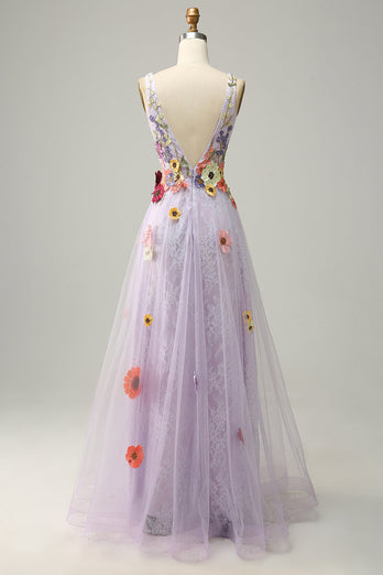 A Line Deep V Neck Lavender Long Prom Dress with Appliques