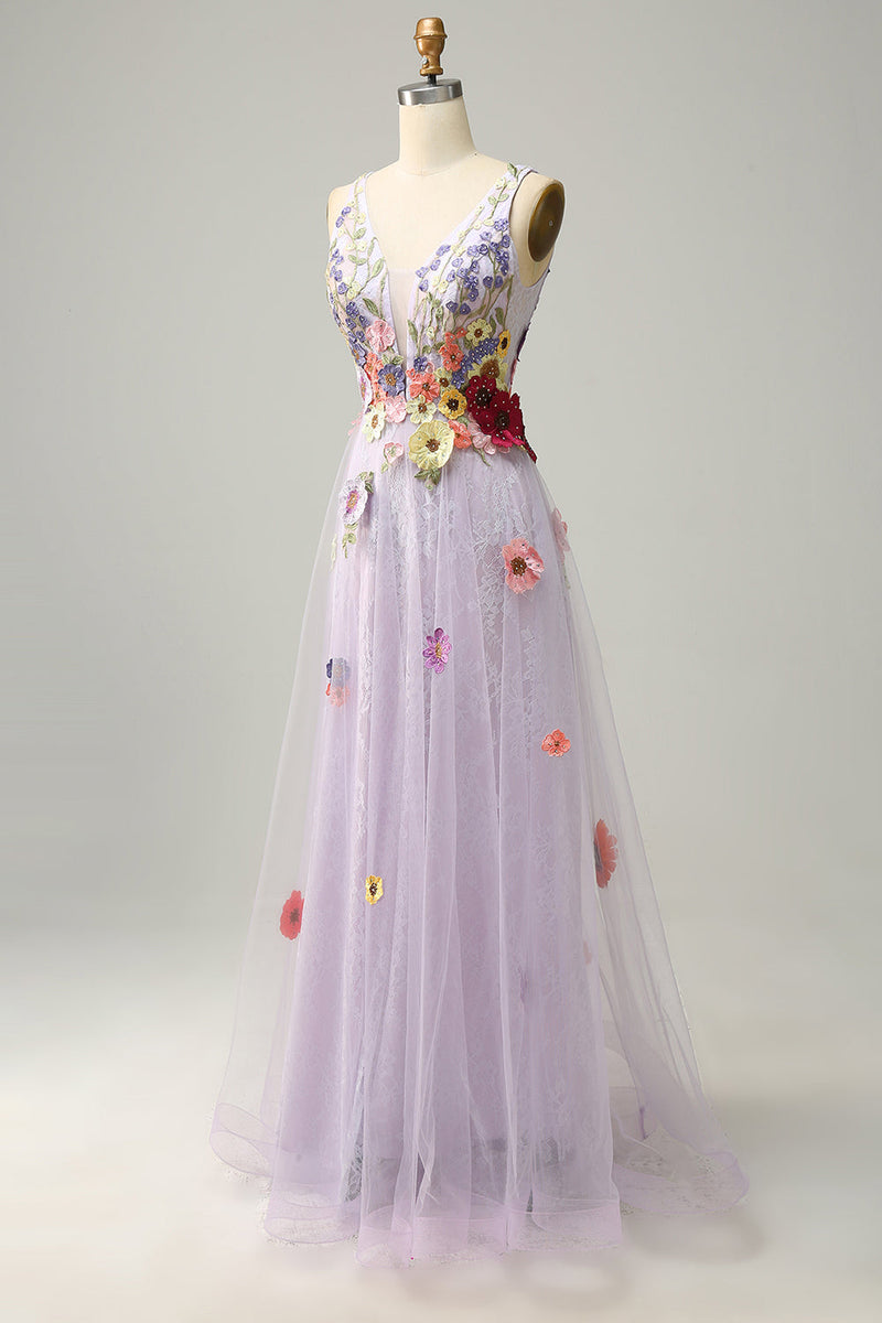 Load image into Gallery viewer, A Line Deep V Neck Lavender Long Prom Dress with Appliques