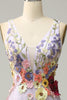 Load image into Gallery viewer, A Line Deep V Neck Lavender Long Prom Dress with Appliques