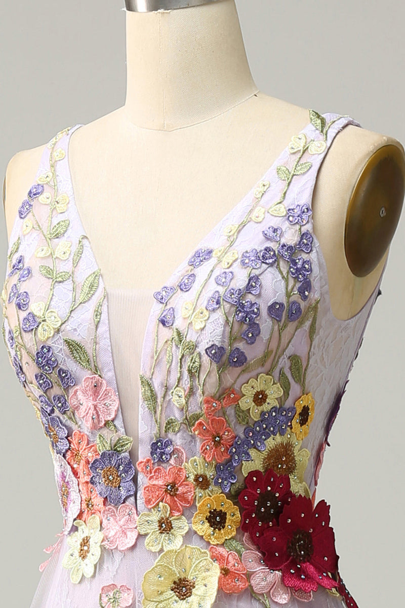 Load image into Gallery viewer, A Line Deep V Neck Lavender Long Prom Dress with Appliques